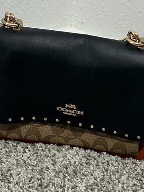 Coach Klare Black Leather & Signature Crossbody Purse Gold Hardware